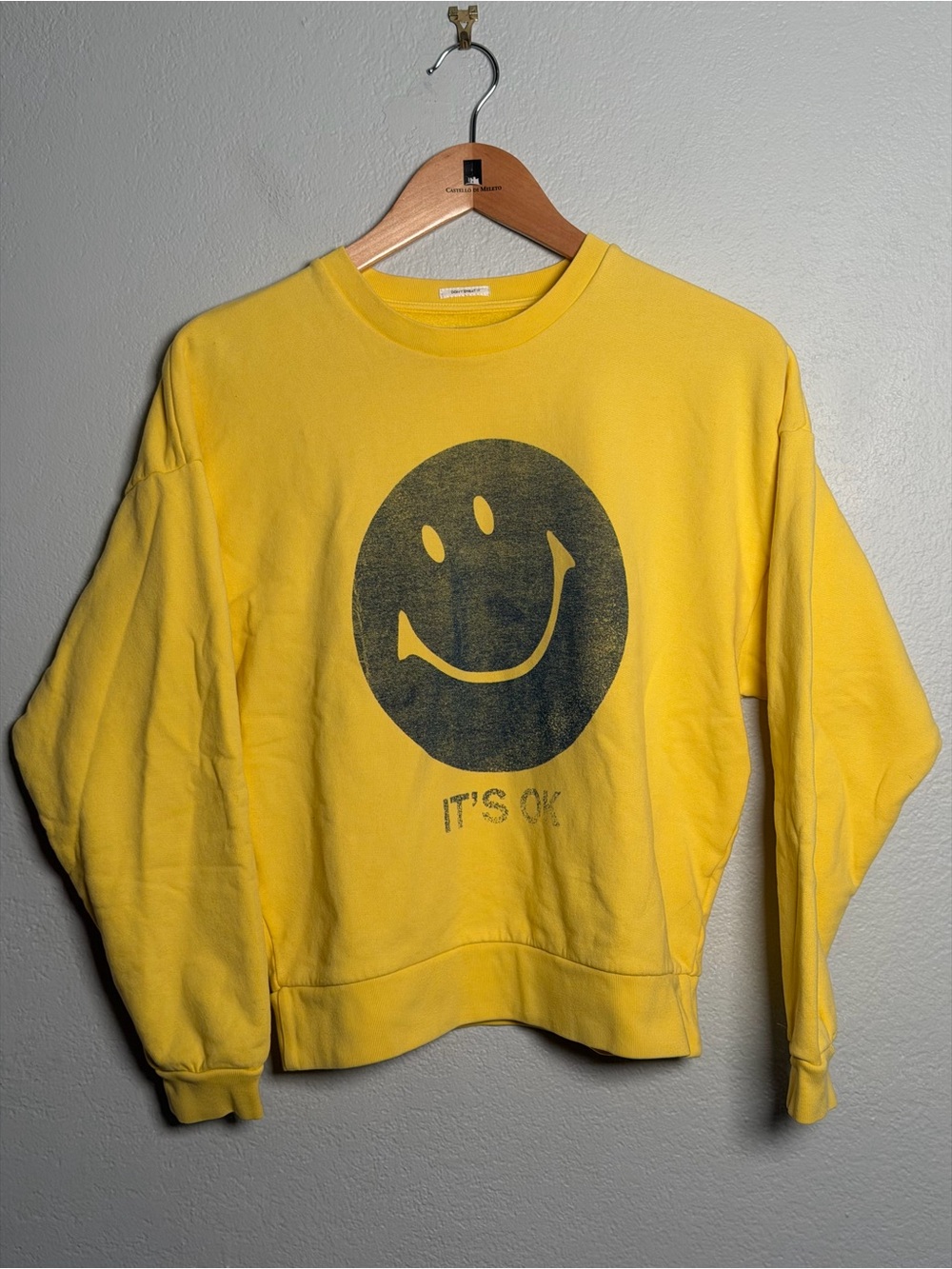 MOTHER Yellow Sweatshirt with Black Smiley Graphic The Drop “It’s OK” XS